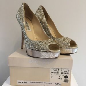 Jimmy Choo coarse glitter peep toe, champagne, 8.5